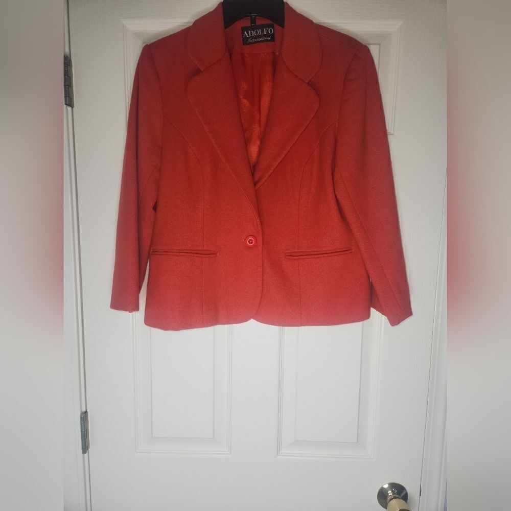 Adolfo International 8P Fire EngineRed 100% WOOL L/slv Lined Women Jacket Blazer